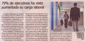 “79% de ejecutivos ha visto aumentada su carga laboral”, sección Empresas, Diario Financiero, 29/01/15